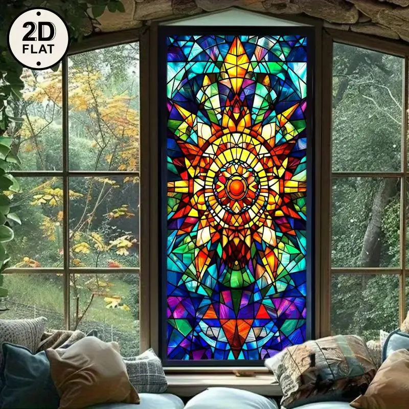 1pc colored church glass style wall stickers, living room entrance decoration stickers, self-adhesive removable window glass stickers, colored art glass stickers, Nordic style geometric pattern wall stickers, home decoration stickers