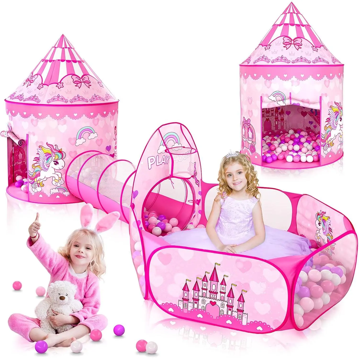 3PC Pink Pop-Up Princess Playhouse Set for Toddlers - Includes Kids Ball Pit and Crawl Tunnel, Indoor/Outdoor Toys, Colorful Birthday Gifts for Girls