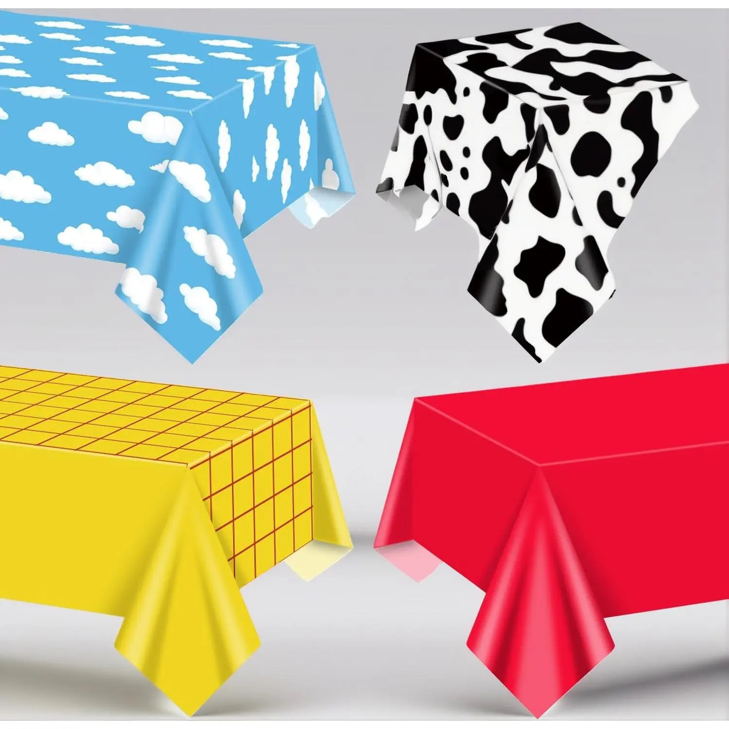4 Pack Story Tablecloths Plastic Disposable – 87 x 51 Inch Rectangle Cow Pattern Printed Check Table Cover for Storybook Birthday Party, Boy Baby Shower Decorations & Western Themed Events