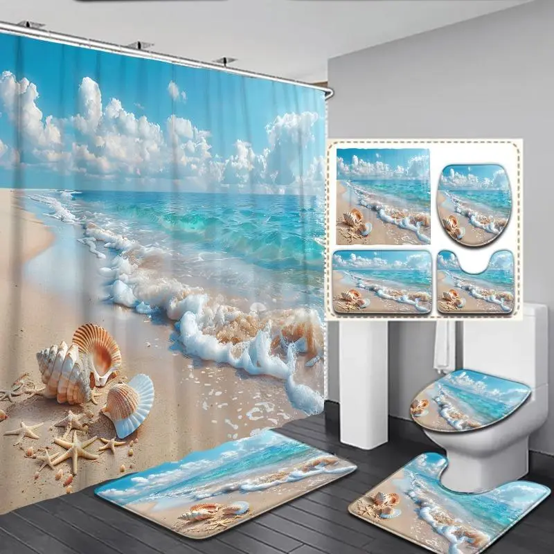 1/4PCS 2D Print Beach Series Shower Curtain Set – Seaside Scenery & Seashell Pattern, Coastal Bathroom Decor Set