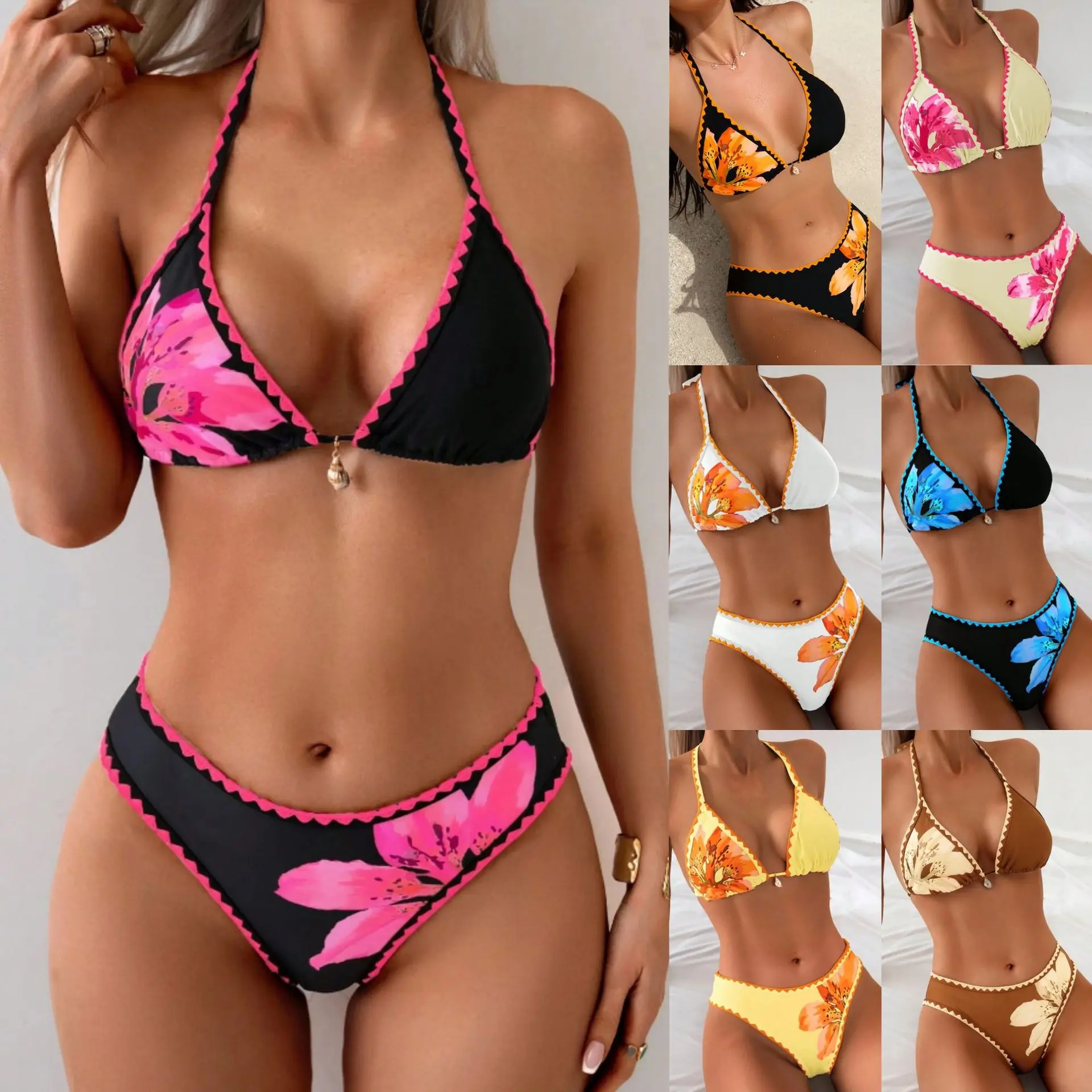 Women's New Fashion Two-Piece Bikini Swimwear, Floral Print Halter Neck with Ties, Cute Fitted Style for Summer Beach Wear