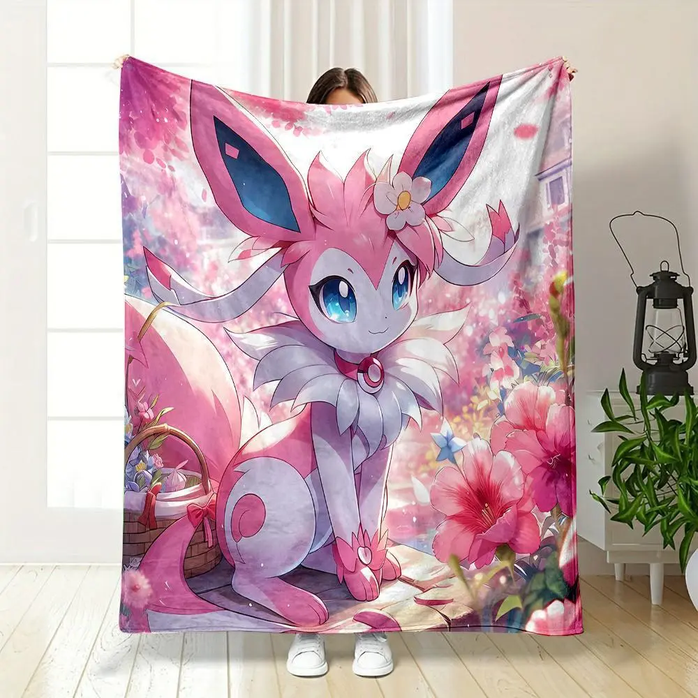 Eevee Cartoon Flannel Throw Blanket, Super Soft Warm Plush Bedspread for Bedroom, Sofa, RV, Lounge, Camping, Decorative Fan Gift