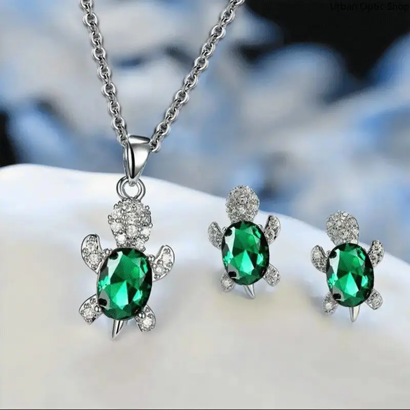 Women's Glamorous Light Luxury Turtle Jewellery Set - 3-Piece Silver-Plated Alloy Chain Necklace and Earrings with Multicolor Glass, Fashion Jewelry Set for Daily Wear, Jewelleryset, Chain Necklace Set