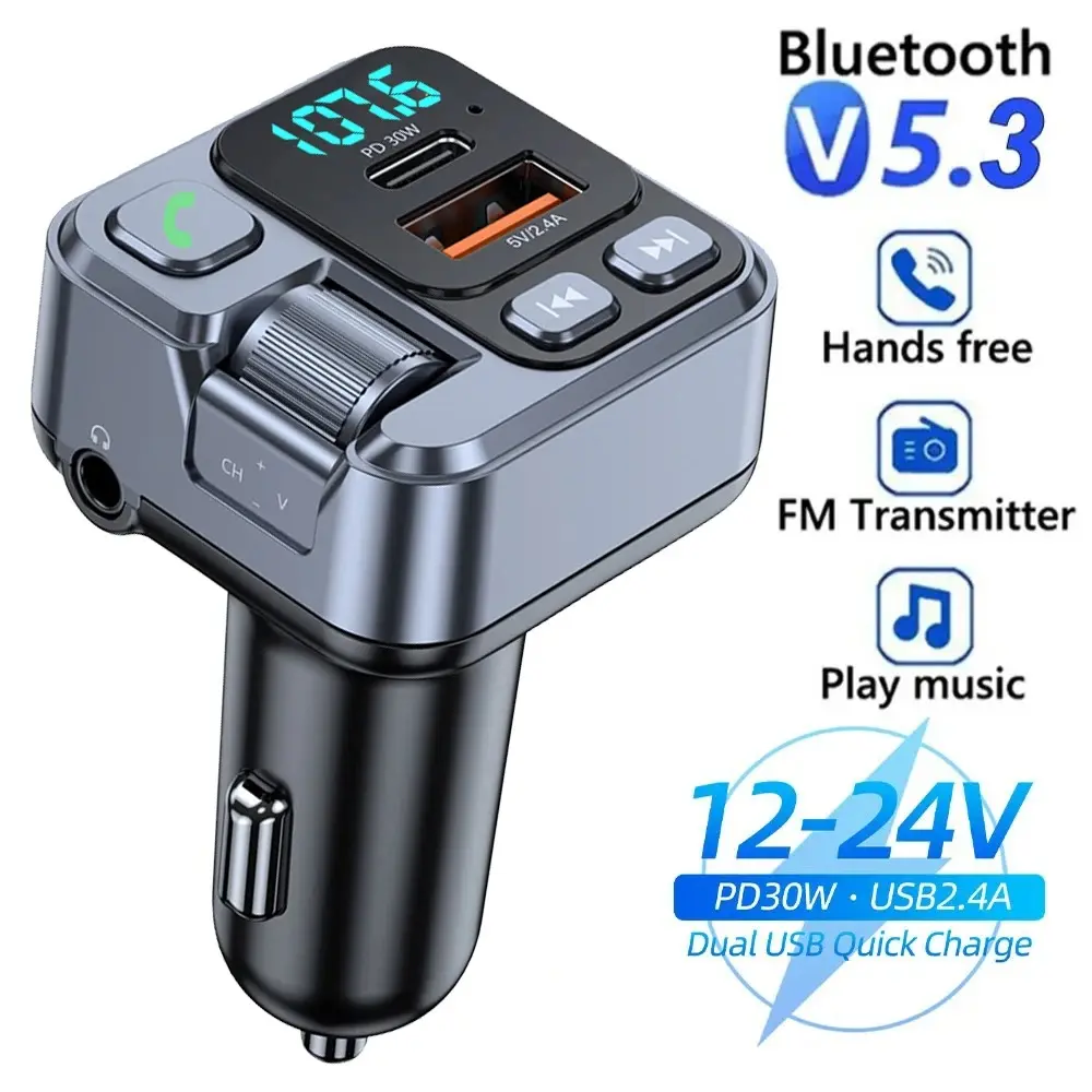 Bluetooth Car FM Transmitter Plug-in Adapter - 20W PD Fast Charging, Dual USB Ports (Including USB2.0), 3.5mm Audio AUX, USB/UDisk Reading, LED Screen Digital Display, 12-24V Hands-Free Call Music Car Phone Accessory
