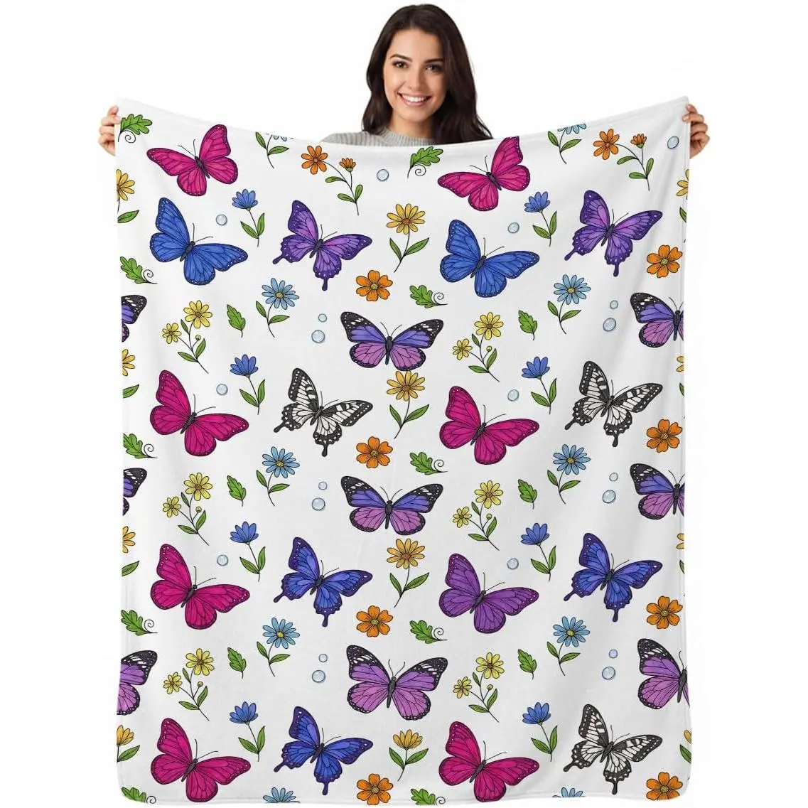 Boho Butterfly and Floral Throw Blanket, Flannel Fleece | Boho Butterfly and Floral Blanket Lightweight Decor for Living Room, Bedroom, Office and Travel, Home Decor Gift
