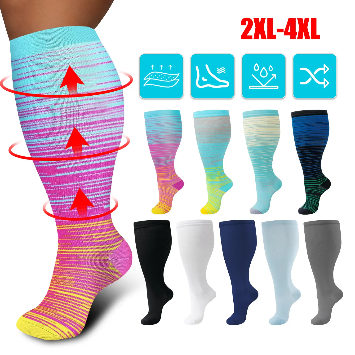 Unisex Athletic Socks for Plus Size Wide Calves, 3XL Knee-High Polyester Blend with Graduated Support for Circulation & Muscle Recovery, Outdoor Sports Socks, Sports Fit Socks backtoschool