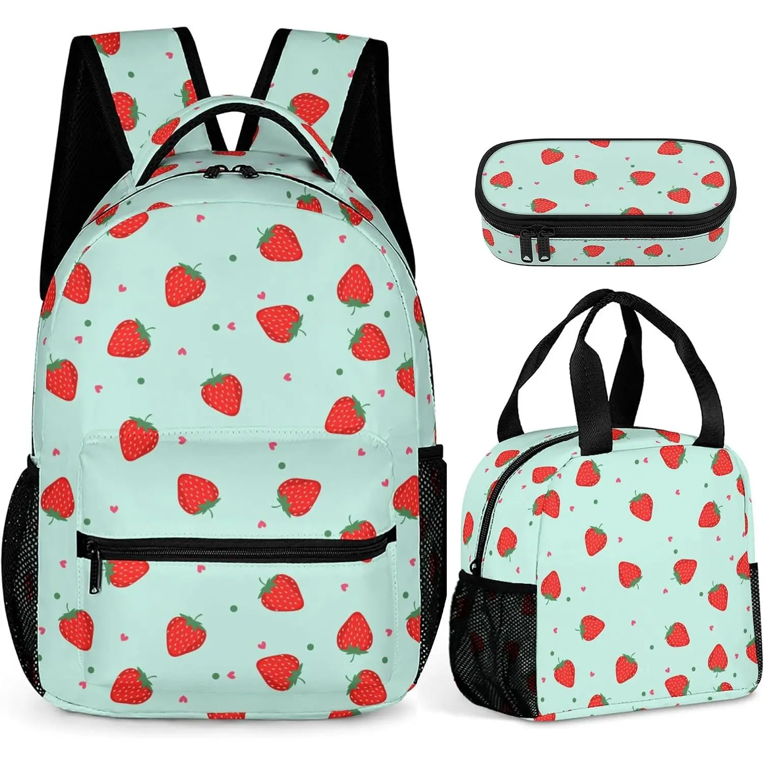 Cartoon Backpack Set Durable Bookbag with Lunch Bag Pencil Case, Lightweight School Backpack for Girls (Strawberry,  Size)