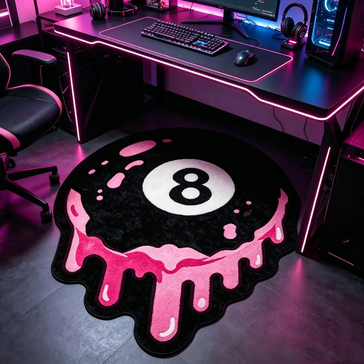 1 Piece Dripping Pink 8 Ball Round Irregular Carpet Rug, Black Billiard Ball With Melting Paint Design, Ultra-Soft Non-slip Machine Washable Floor Carpet Rug, Ideal For Bedroom & Punk Street Style Home Decor, Decorative Rug, Area Rugs