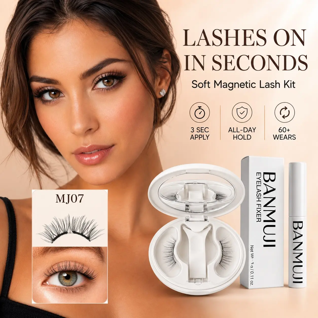 Magnetic False Eyelashes Set with Application Tool, Natural Comic Style, No Glue, Reusable Soft Magnetic Lashes, Easy for Beginners (mj07)