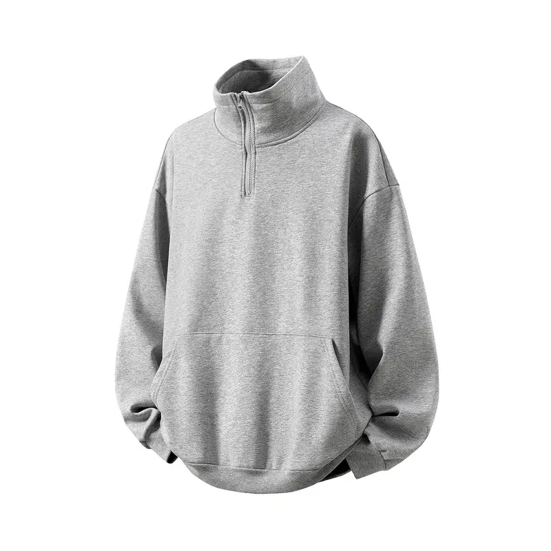 Men's Half-Zip Stand Collar Menswear Sweatshirt Tops - Long Sleeve, Adjustable Zip Collar, Front Kangaroo Pocket, Loose Drop Shoulder, Soft Warm Cotton Blend Knit Fabric, Ideal for Daily Casual Multi-Season Wear, Hangable/Foldable