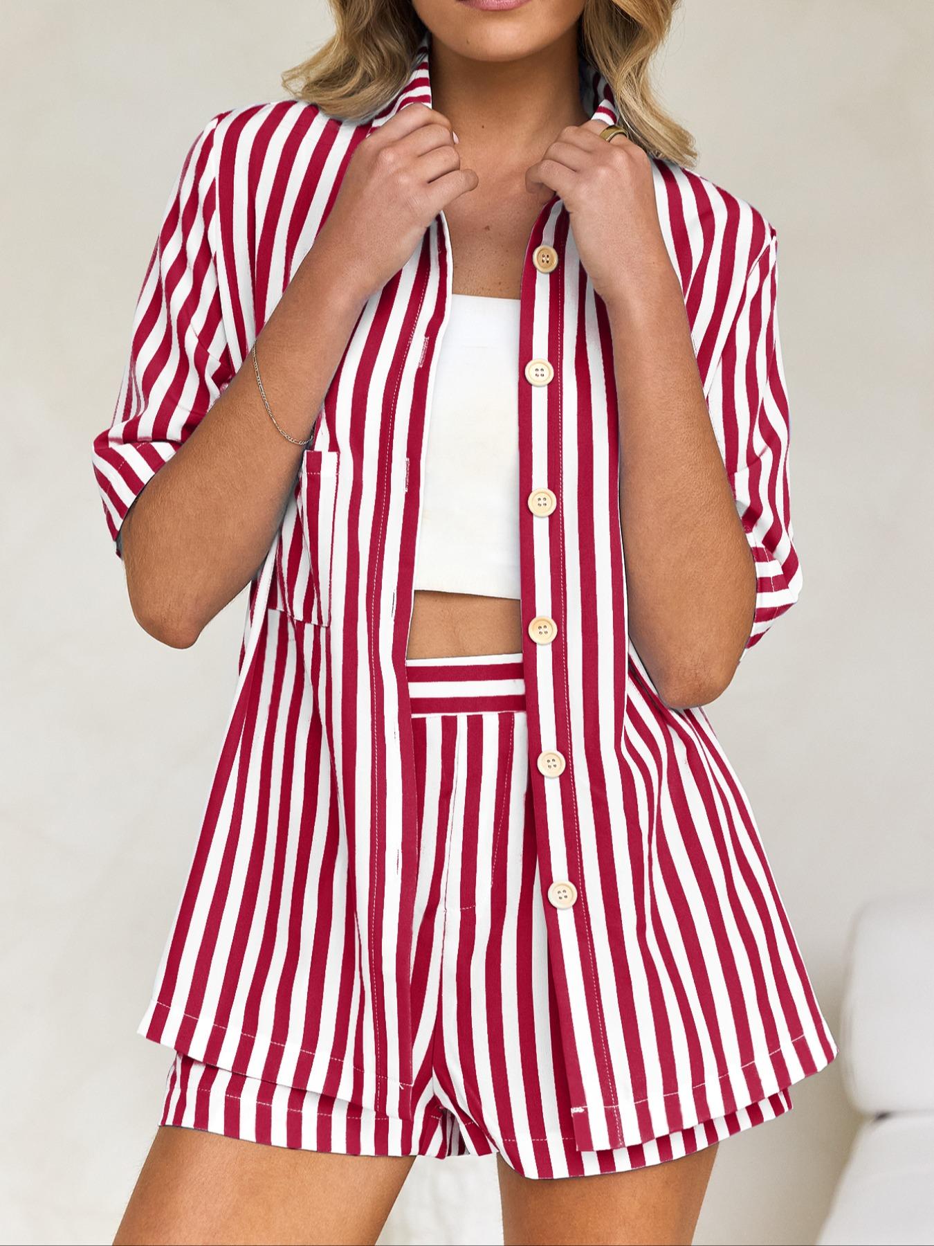 Women's Striped Print Button Front Shirt & Shorts Two-Piece Set, Casual Fashion Top & Shorts for Summer, Ladies Clothes for Daily Wear, Casual Lounge Set