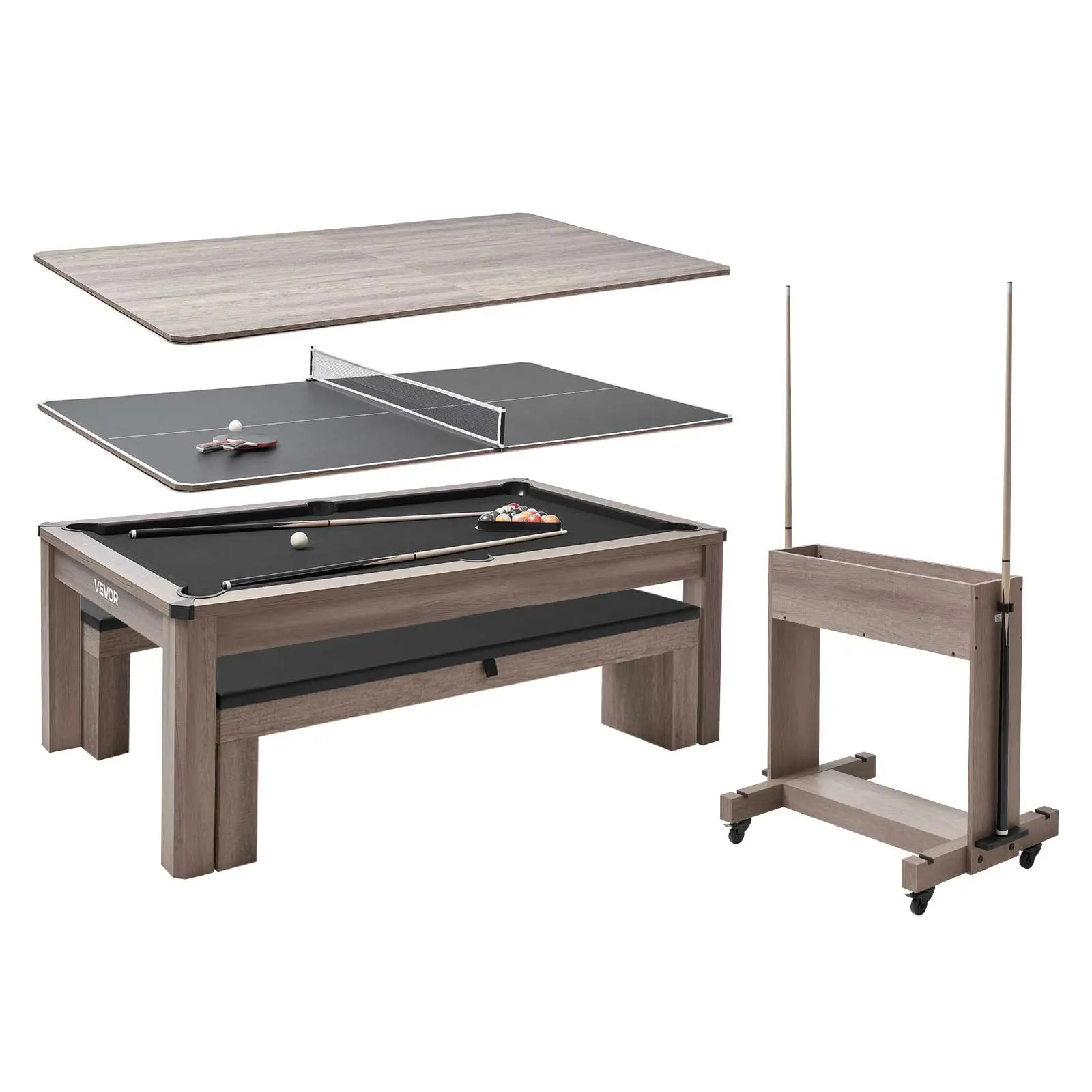 VEVOR 7ft 3-in-1 Multi Game Pool Table Combo Set, Indoor Furniture with Dining Top, Ping Pong Table, 2 Storage Benches, Ball Cue Rack, Chalk & Brush Accessories for Family Recreation Room, includes benches