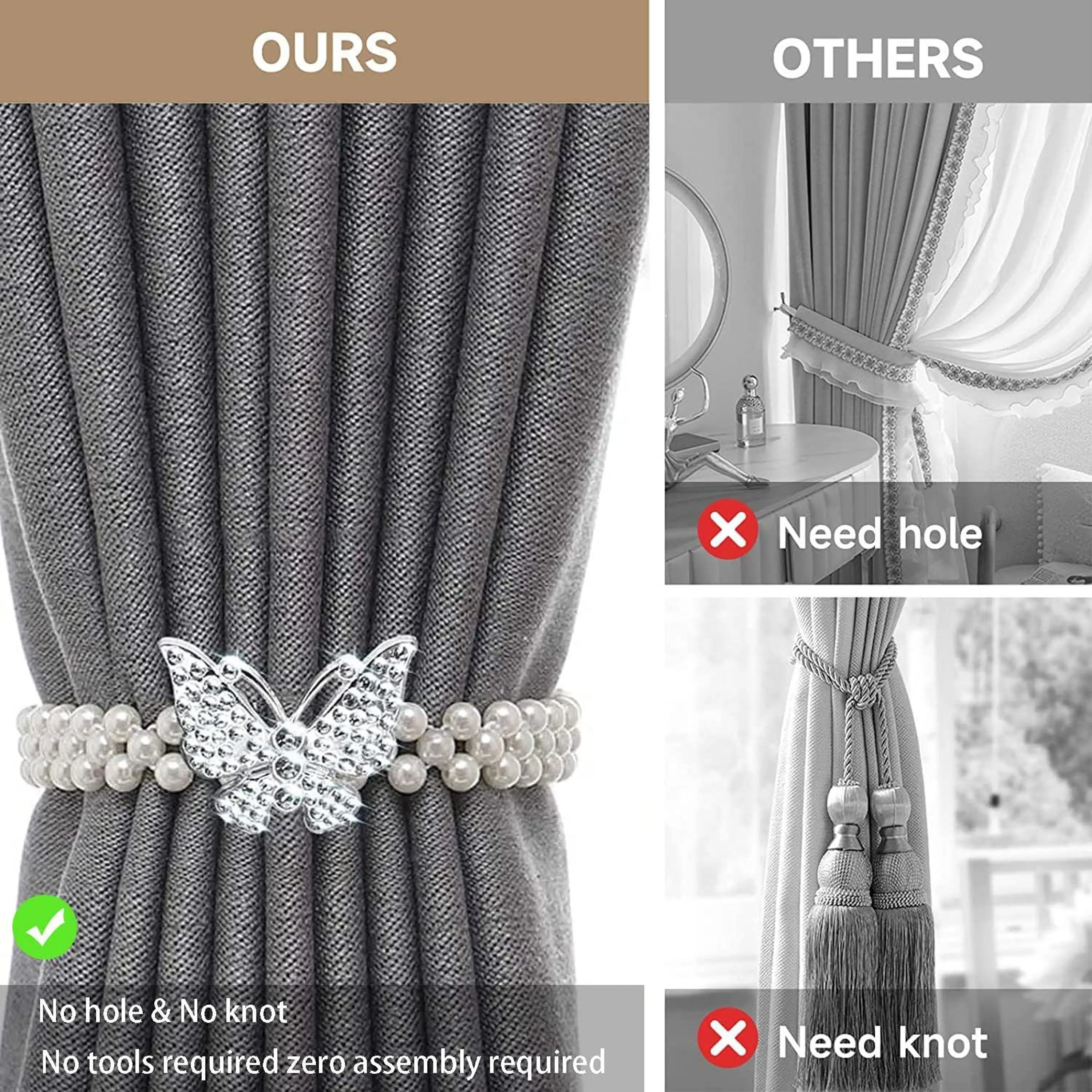 2-Piece Adjustable Golden-Silvery Butterfly & White Faux Pearl Curtain Ties - Elastic Bands, No-Drill No-Hole Holders, Home Decor for Bedrooms, Living Rooms, Luxury Home Supplies
