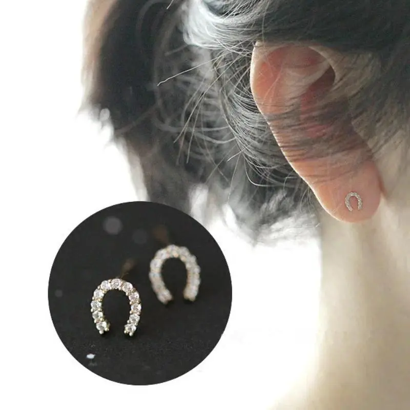 New Fashion 925 Silver Needle Type Zircon Stones Horseshoe Stud Earrings, Women's Cute Jewelry Accessories for Gifts