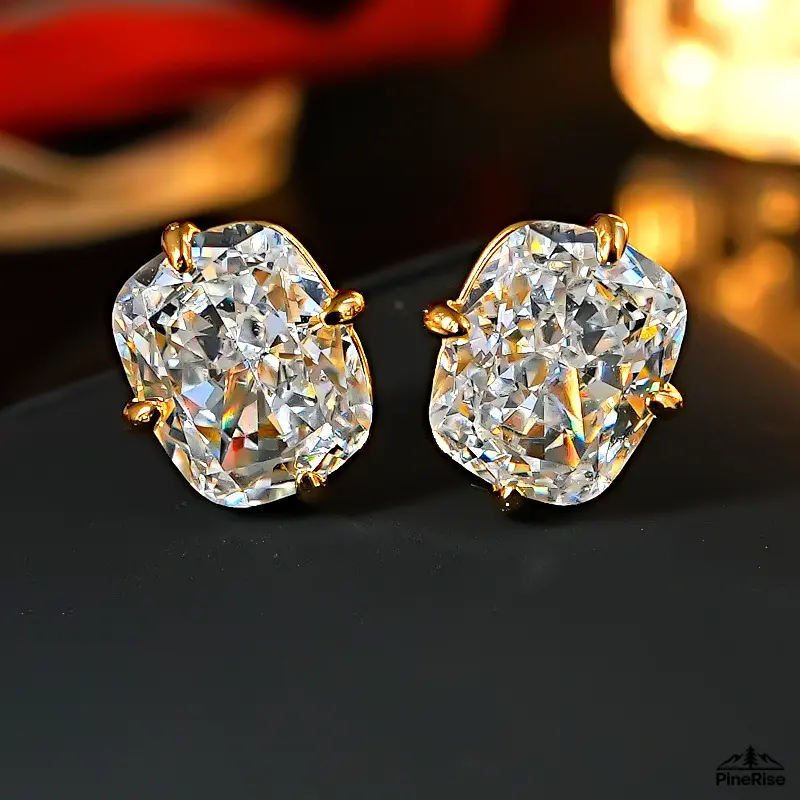 Women's Lightweight Rectangular White Zircon Single-Stone Stud Earrings, Gold-Tone Setting, Minimalist Indoor Leisure & Casual Wear Accessory for Daily Commute