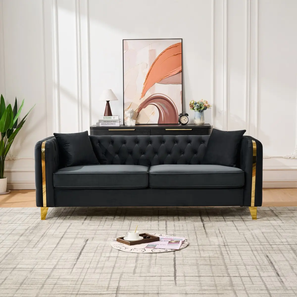 81" Black Velvet Chesterfield Sofa - Button Tufting, Rolled Arms, Gold Stainless Steel Legs - Indoor Furniture for Living Room, Bedroom