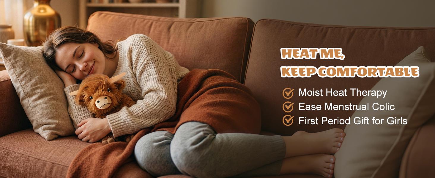 AGS Heatable Coolable Weighted Highland Cow Stuffed Animals Plushie, Microwavable Heating Pad for Period Cramps & Pain, Lavender Scented Cow Plush Toys for Stress, Highland Cow Gifts for Women