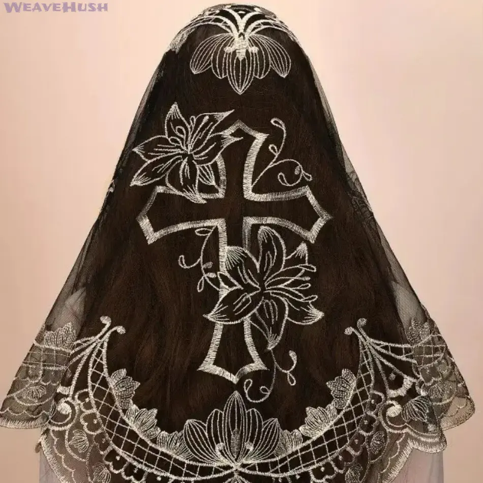 Triangle Lace Veil, Spanish Style Catholic Mantilla with Floral Embroidery and Cross - Soft Sheer Head Covering with Scalloped Edge for Church, Traditional, Sheer Mesh