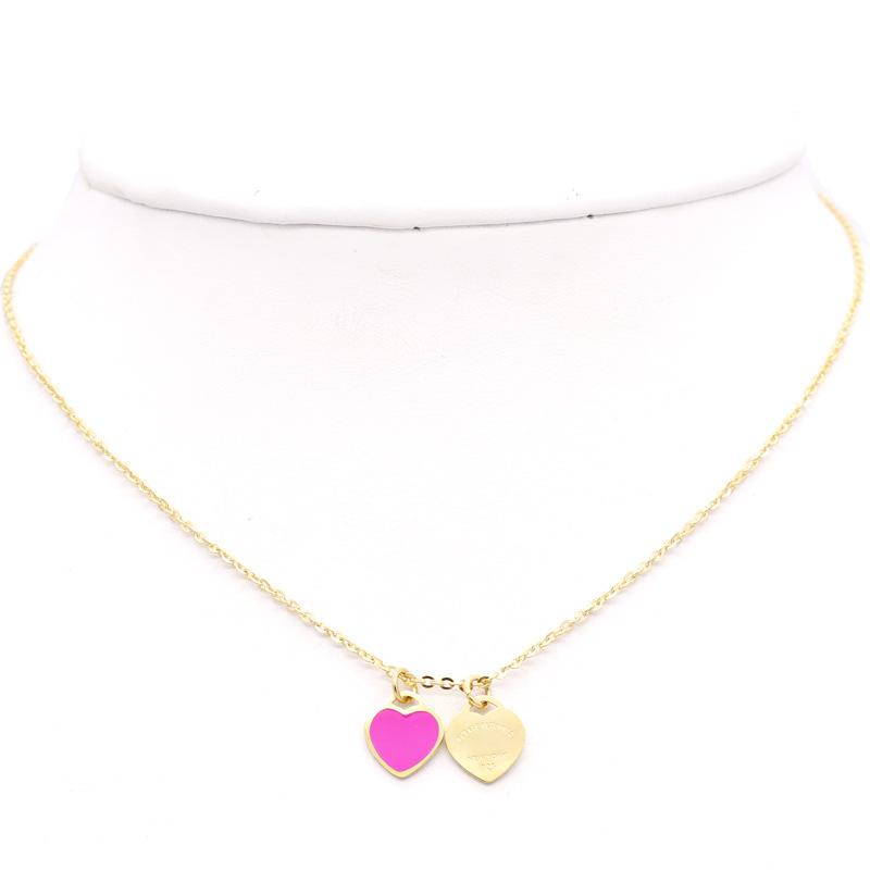 New luxury enamel pink double heart necklace, gold titanium steel, versatile new style