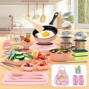 Kid Cooking Sets Real Mini Kitchen, Food Making for Beginner Children 8 9 10 11 12 Boys Girls Cooking Educational Toys, Junior Easy Safe Montessori Tools Dishes Knife Set-Pinkfidget toys