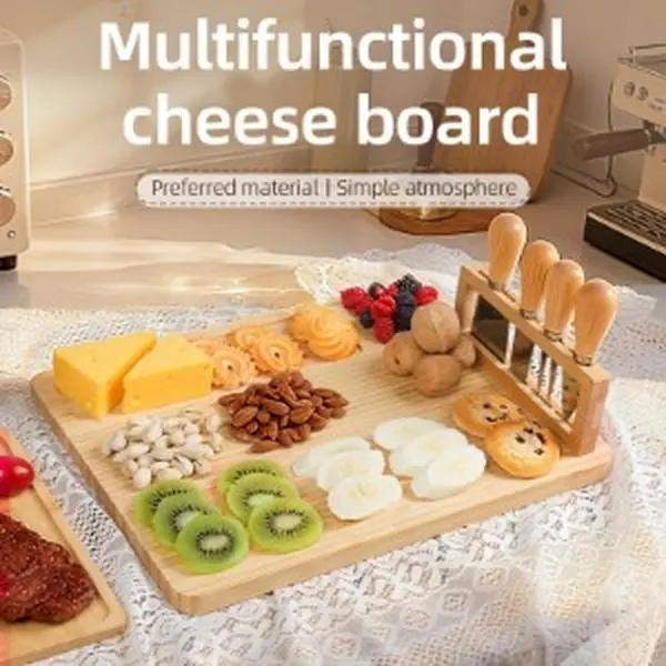 Wood Cheese Board Set-Charcuterie Sets, Cheese Tray, Appetizer Board And Meat Platter with 4 304Stainless Steel Cheese Knives, Easy to Carry, Perfect for Wedding Gifts, Christmas Birthday Parties, Halloween Gifts