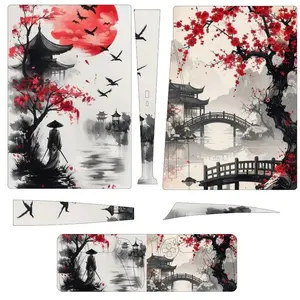 Crimson Sun Samurai Ink Art Vinyl Skin Sticker Compatible with PS5 (Disc/Digital), PS5 Slim, PS5 Pro Console and 2 Controllers, Full Cover Decal Wrap, Gift for Gamers