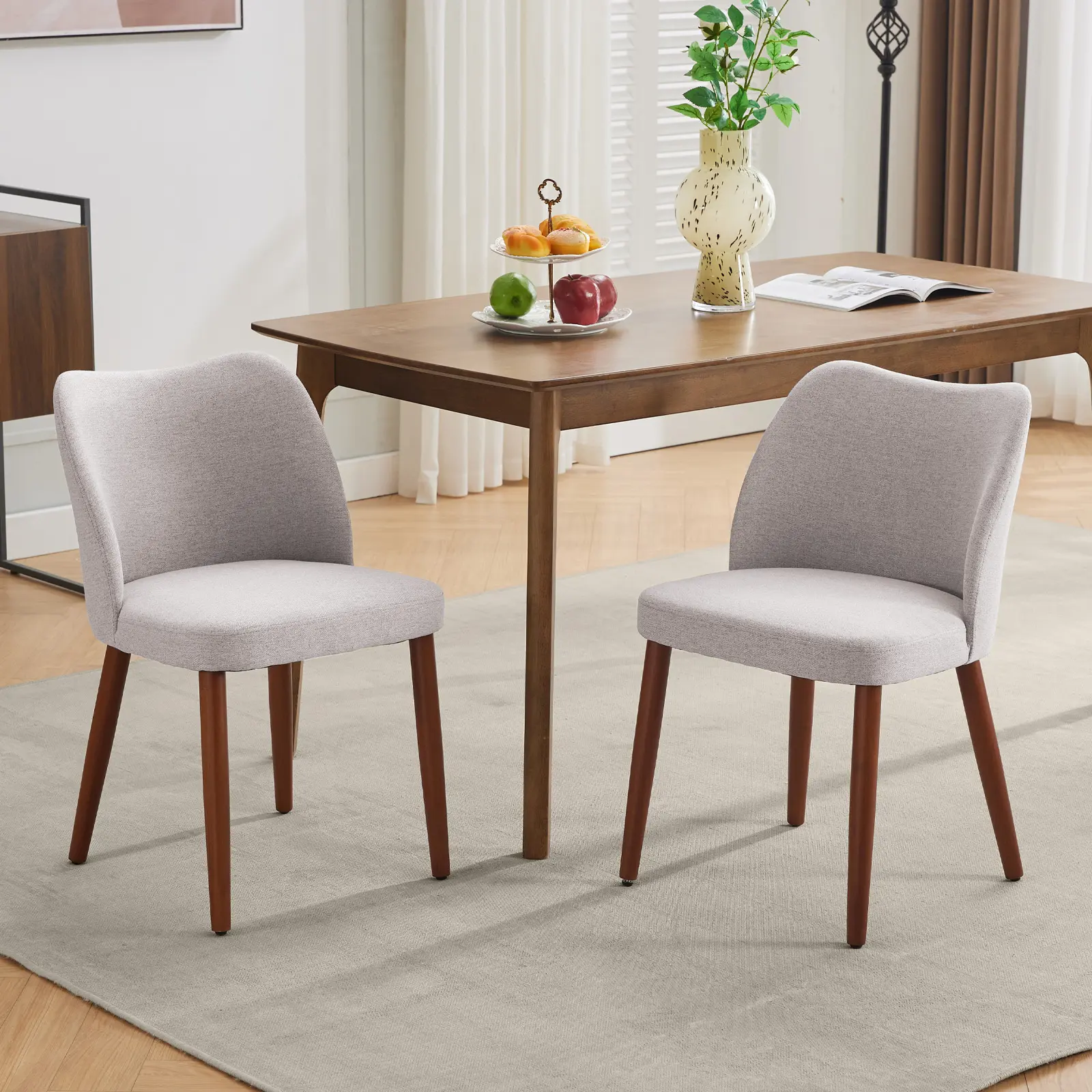 Modern Wingback Dining Chairs Set of 2, Upholstered Linen Kitchen Chairs with Thick Cushions, Ergonomic High Back and Rubberwood Legs, Comfortable Dining Room Seating 2-Pack