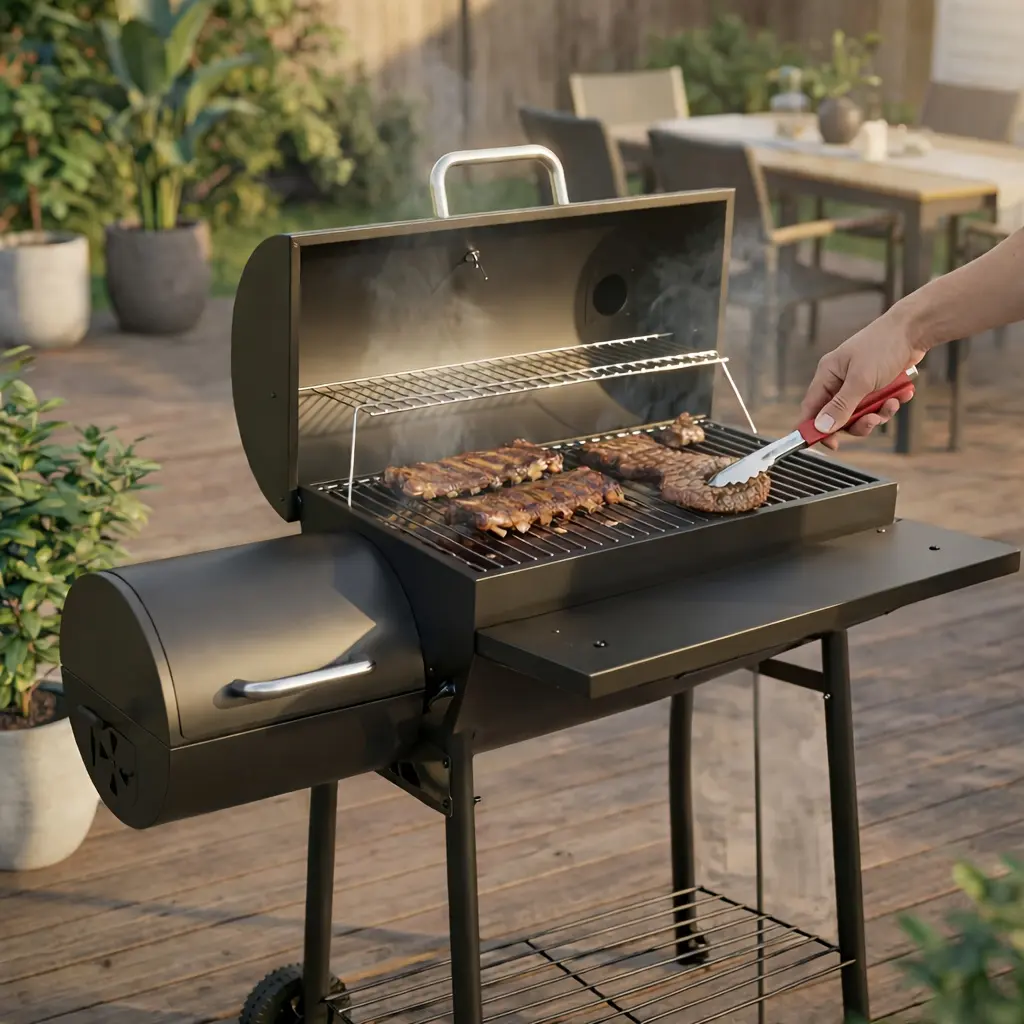 Charcoal Grill With Offset Smoker, Outdoor BBQ Smoker With Side Fire Box, Thermometer & Chimney, Heavy Duty Barrel Grill With Tong For Backyard Patio Camping & Parties, Without Battery
