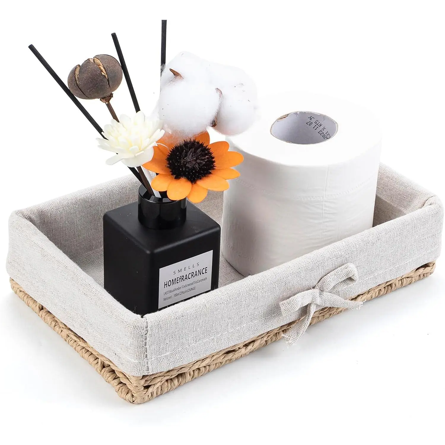 Bathroom Tray Wicker Toilet Paper Basket Toilet  Trays for Countertop Storage Behind Bathroom Tray Organizer Toilet  Top Basket Suitable for Any  Décor Style (9.8x5.9x2.36 In, Beige)