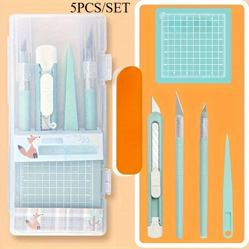PVC DIY Scrapbooking Tool Kit - 1 Set Non-Retractable Crafting Pens, Precision Carving Knives, Tweezers, Cutting Grid Mat - Office & Craft Supplies Set