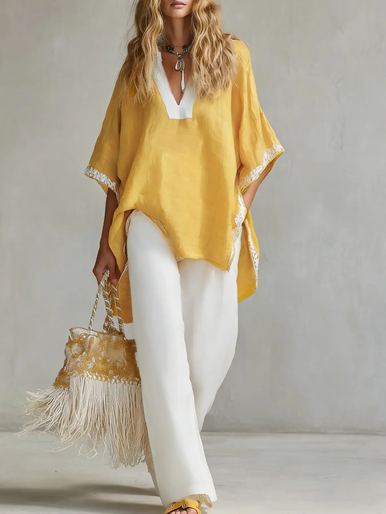 French Casual Linen Cotton Set, Ginger V-Neck Lace Trim Loose Fit Mid-Sleeve Top, Solid High-Waisted Wide Leg Pants Two-Piece Set