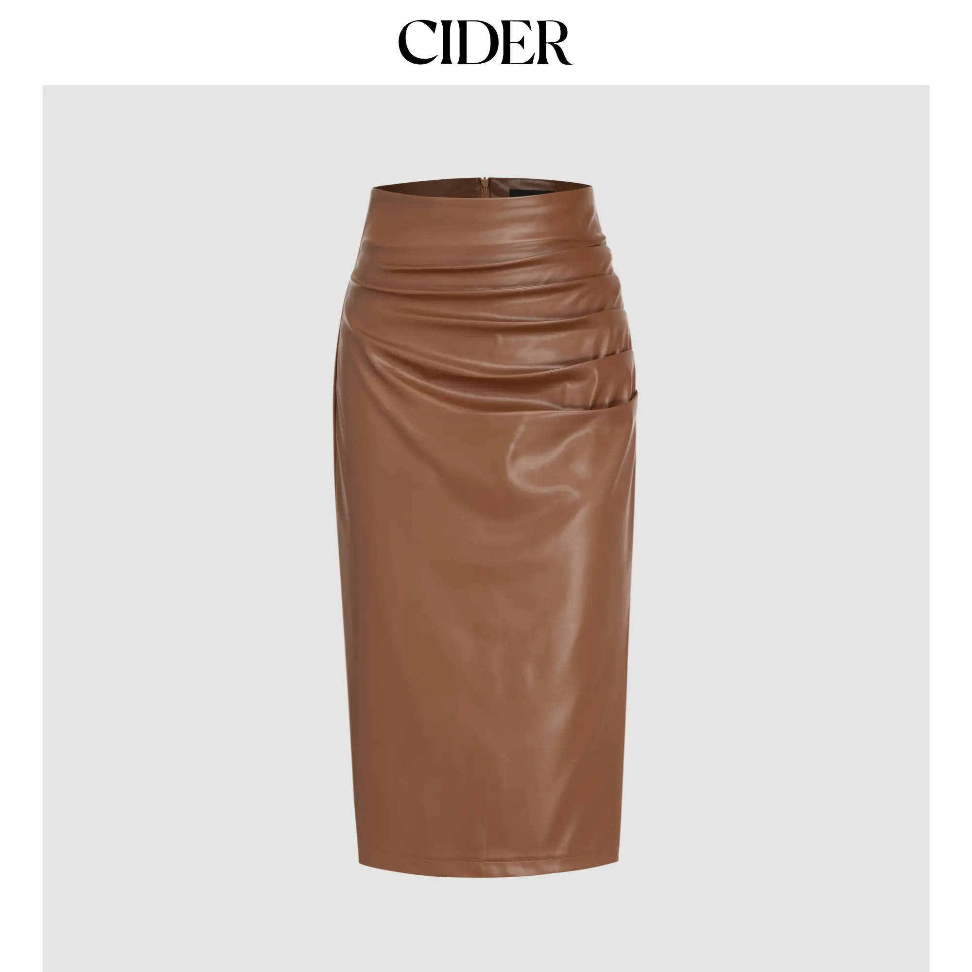 Cider [size 0-10] Faux Leather Mid Waist Ruched Midi Skirt