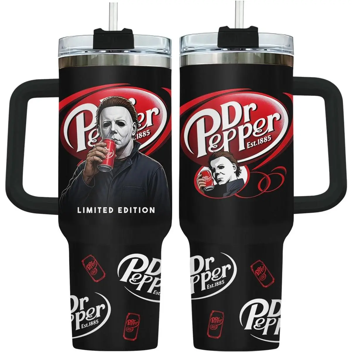 40oz Tumbler with Handle Straw Lid Insulated Stainless Steel Scary Masked Killer Soda Drinker Horror Movie Goth Halloween Spooky Season Gifts for Women Men Mom Dad