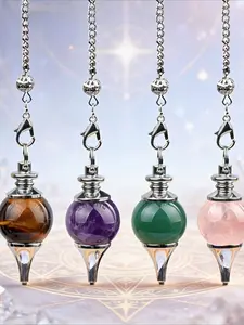 4Pcs/Set Natural Crystal Agate Sphere Pendulum Pendants, Detachable 3-Piece Hanging Chain Set, Divination Dowsing Tool, Yoga Meditation Jewelry Gift for Spiritual Lovers