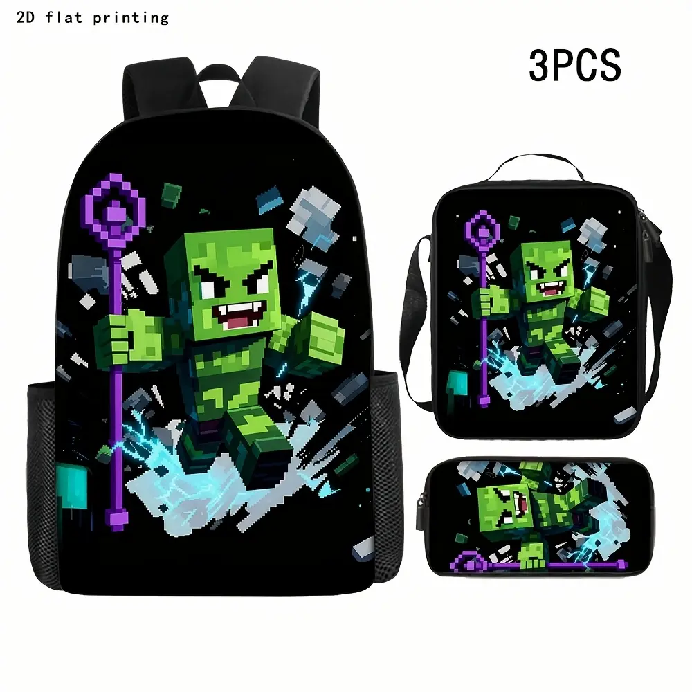 Kids' 3-Piece Oxford Cloth Waterproof Backpack Set for School Use, Durable Lightweight Bag with Lunch Box, Pixel Game Graphic Print, 15in Laptop Pocket, Adjustable Soft Breathable Padded Straps
