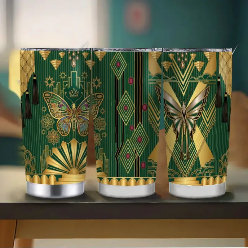 Elegant Art Deco Emerald Green & Gold Butterfly Stainless Steel Insulated Tumbler Water Bottle, Sturdy Lightweight Portable Flask with Straw & Lid, Luxury Geometric Travel Cup for Hot/Cold Drinks, Glamorous Gift for Her