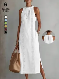 Halter Neck Sleeveless Midi Dress, Crochet Panel, Side Split, Hidden Pockets, Lightweight Casual Summer Dress, Vacation & Daily