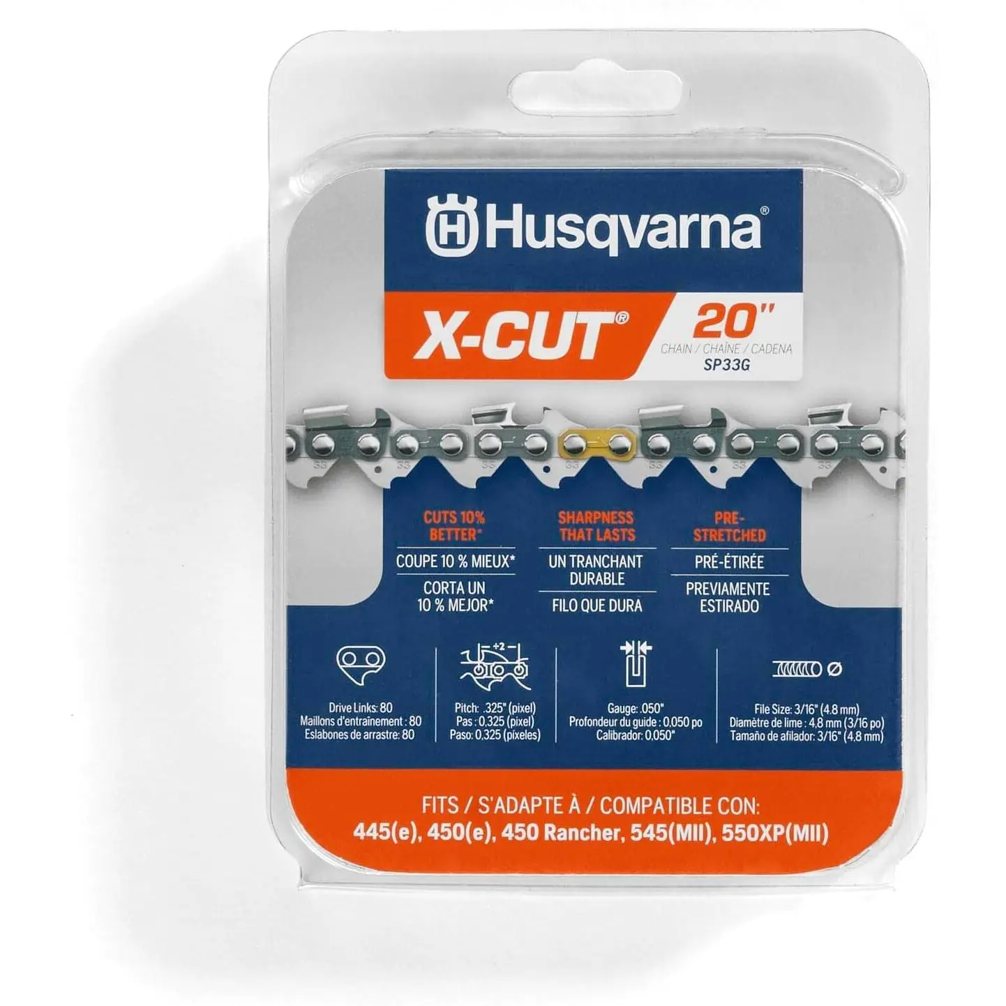 Husqvarna X-Cut SP33G 20 Inch Chainsaw Chain, .325" Pitch, .050" Gauge, 80 Drive Links, Pre-Stretched Chainsaw Blade Replacement with Superior Lubrication and Low Kickback, 581643680