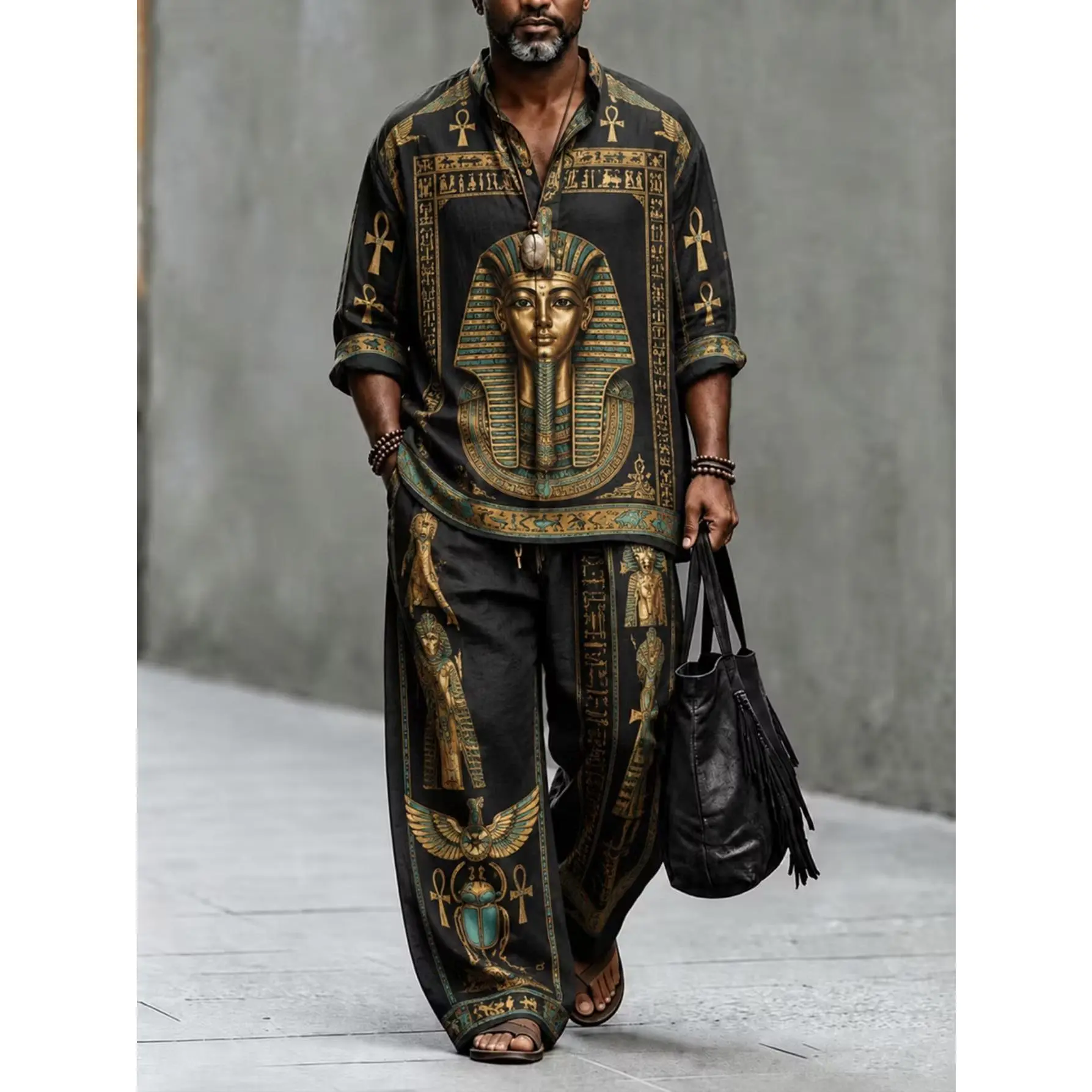 Men's Egyptian Pharaoh Totem Print 2-Piece Outfit, Stand Collar Half-Button Shirt & Drawstring Wide Leg Pants Set, Loose Linen-Like Boho Vacation Matching Suit Clothes Menswear