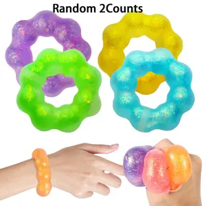 Random Color Squishy Toys, 2 Pieces Wearable Bracelet Stress Balls Fidget Toys, Soft Donut Stress Relief Sensory Toy, Stress Relieving Accessory for Kids & Adults, Fidget Friendly Band, Stress Relief Aid