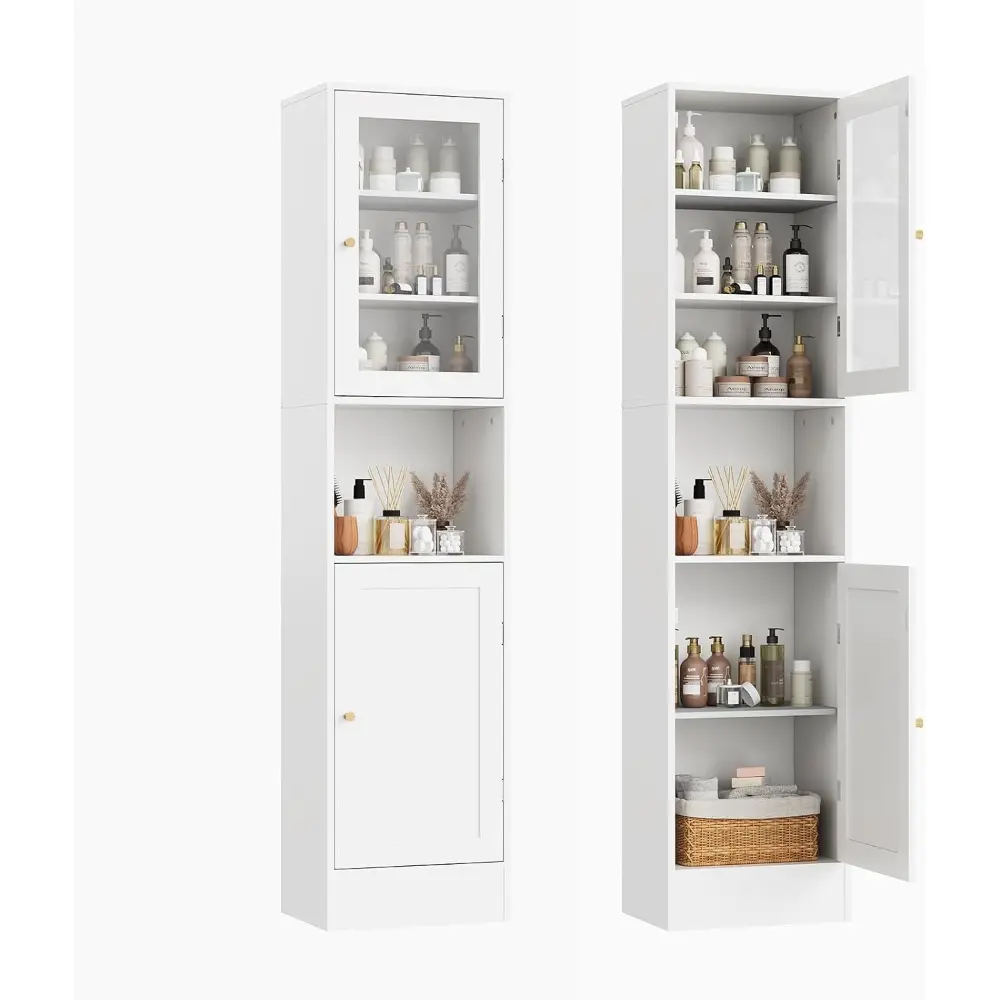 67" Tall Bathroom Storage Cabinet, Narrow Storage Cabinet with Glass Doors, Anti-Tip Freestanding Bathroom Linen Cabinet, for Kitchen, Living Room, Dining Room