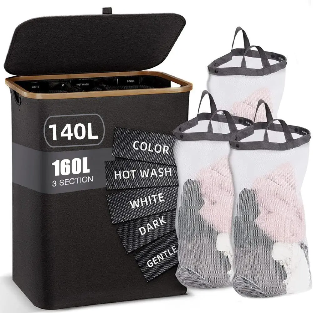 Extra-Large 3-Section 160L Hamper with Lid & Sturdy Handle, Multi-Functional High-Capacity Laundry Storage Organizer for Efficient Dirty Clothes Management in Laundry Room, Bedroom