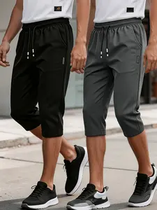 2pcs New Men's Ice Silk Quick-Dry Capri Pants, Casual Sporty Breathable Thin Two-In-One Capri Pants, Comfortable Home & Outdoor Wear