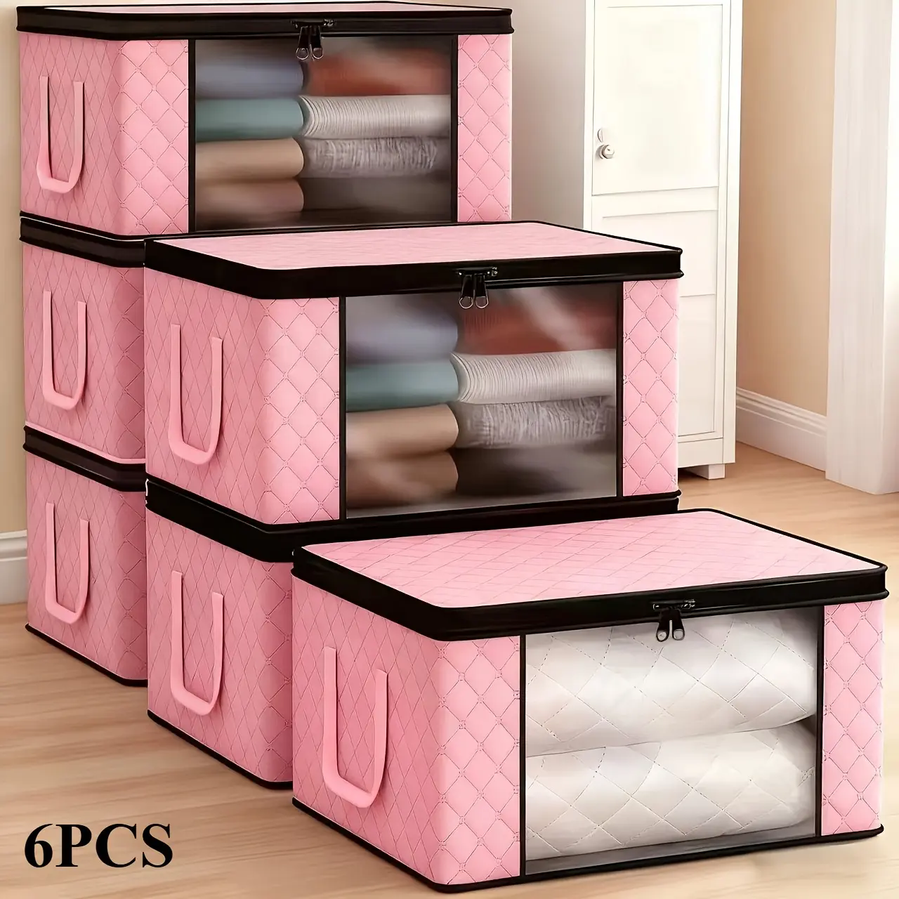 Extra Large Foldable Clothes Organizer Bags for Linens Pillows, 6 Count, Storage Bags Set, See-through Window, Zipper Cover, Thickened Carry Handles