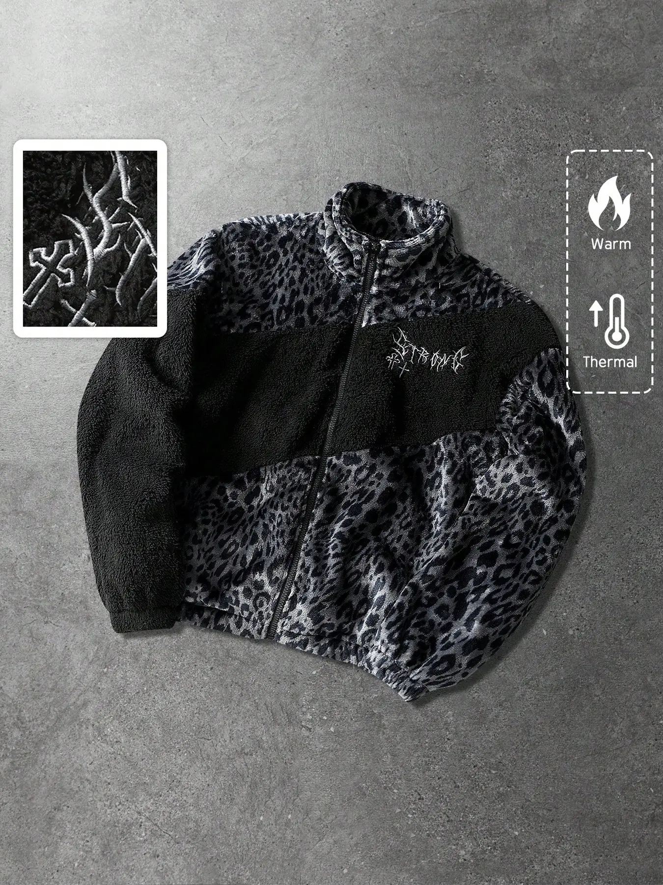 Men's Leopard Print Patchwork Fleece Zip-Up Jacket, Gothic Cross Embroidered Stand Collar Warm Top, Stylish Winter Street Style for Everyday Wear, Casual Fashion Jacket