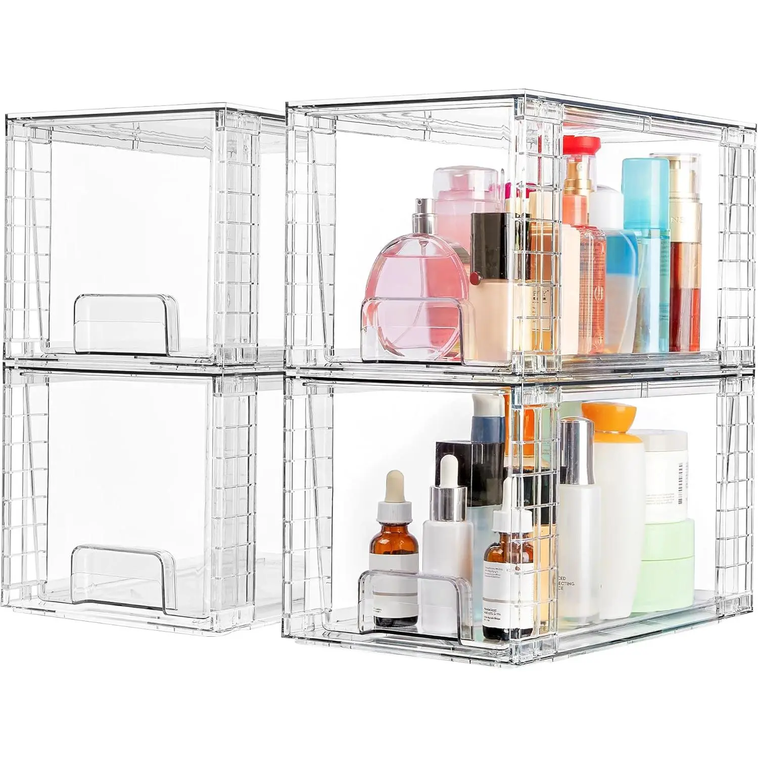 4-Pack Large Stackable Storage Containers - Durable Drawer System, Easily Assembled Multi-Purpose Under Sink Bins for Bathroom/Cabinet Organization, Home Supplies Storage Organizer, Durable Storage Organizer