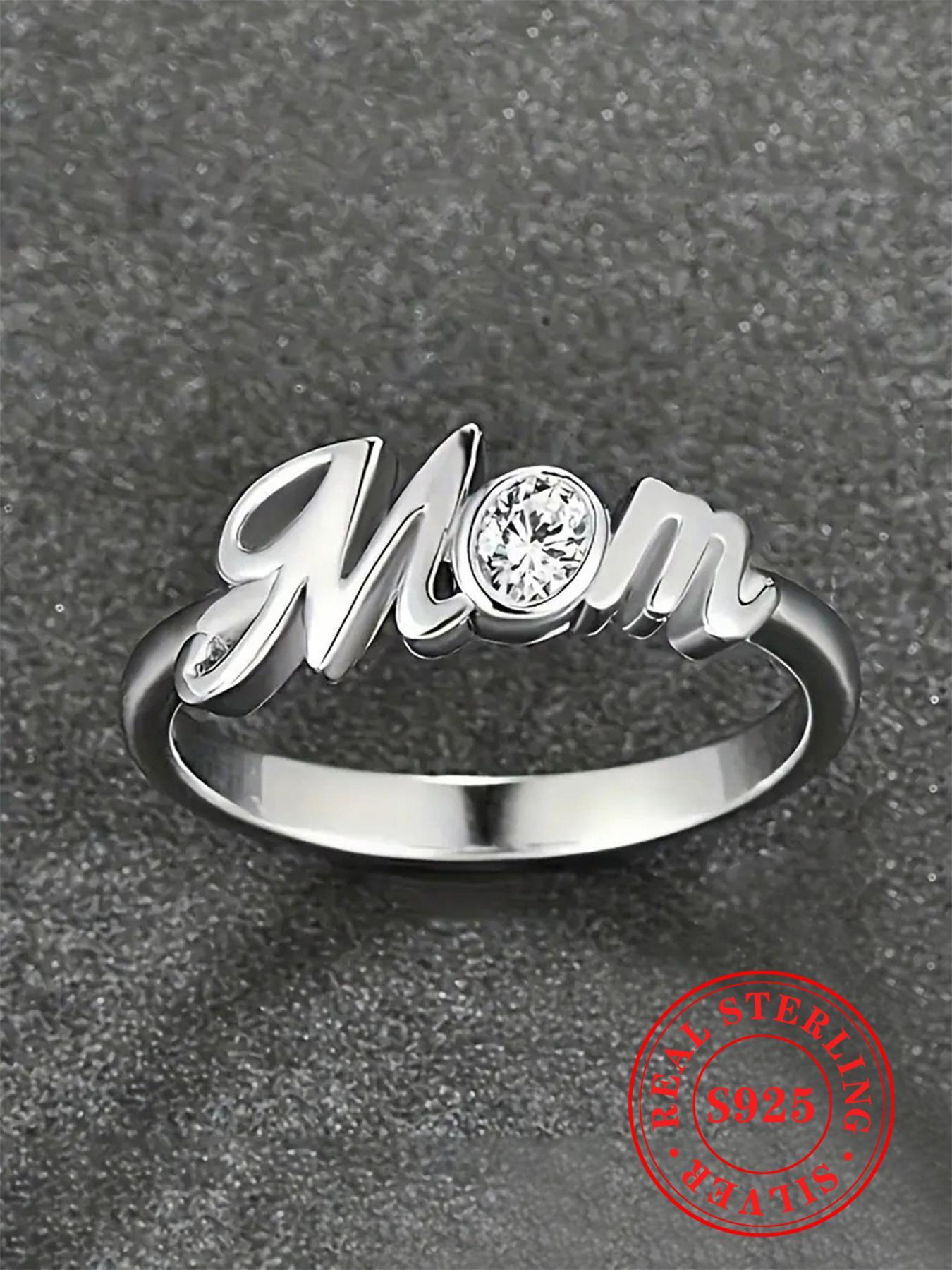 925 Sterling Silver Fashion Mom Letter Design Ring, Rhinestone Decor Ring for Women, Trendy All-match & Exquisite Jewelry for Birthday Gift, Statement Rings
