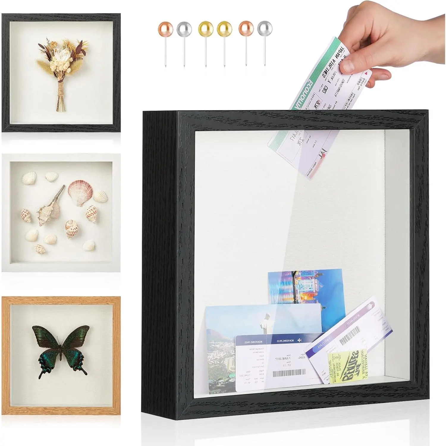 Travel Adventure  Archive Shadow Box Picture Frame with Slot,8x8In Travel Ticket Card Memory Box for  Box, Top Loading Shadow Box Display Case Travel Decor  (Black,8x8)