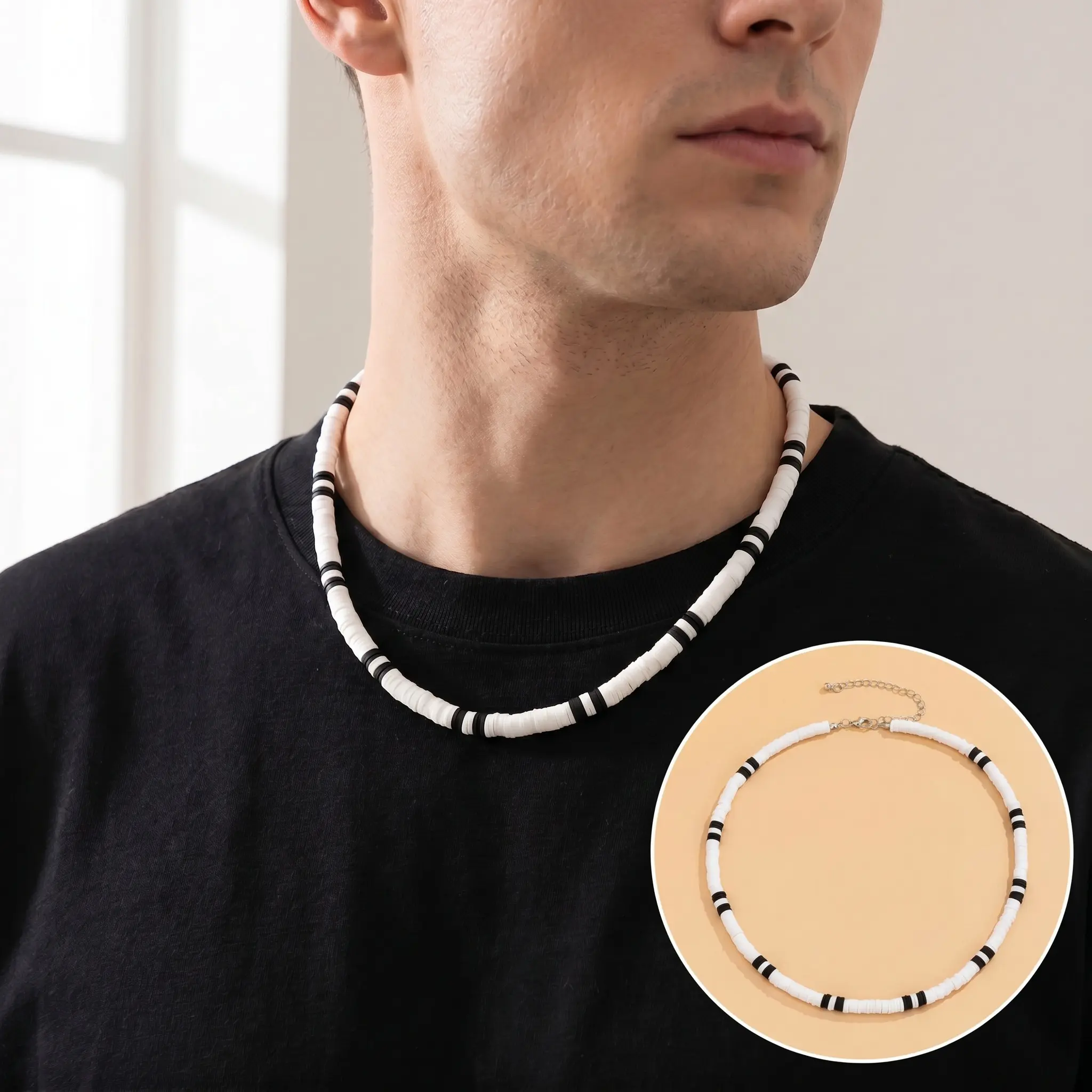Men Women Black White Polymer Clay Beaded Choker Necklace Ultra Light Waterproof Sweatproof Adjustable Coastal Minimalist Surf Beach Streetwear Jewelry For Summer Daily Outfit-YY0