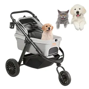 VEVOR Pet Stroller, 4 Wheels Dog Stroller Rotate with Brakes, 44lbs Weight Capacity, Puppy Stroller with Reversible Handlebar, Storage Basket and Zipper, for Dogs and Cats Travel, Black+Grey
